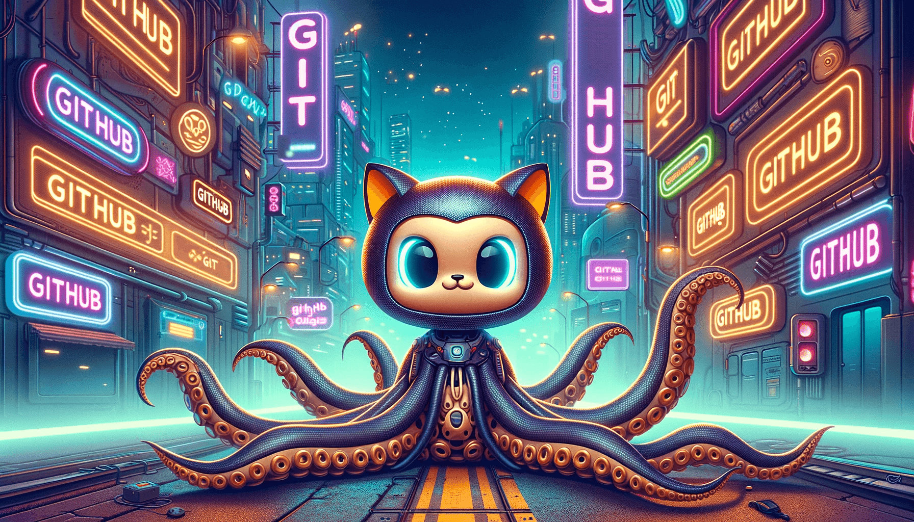 a stylized depiction of the GitHub mascot "octocat" in a futuristic city with a neon sign that reads GitHub and Git