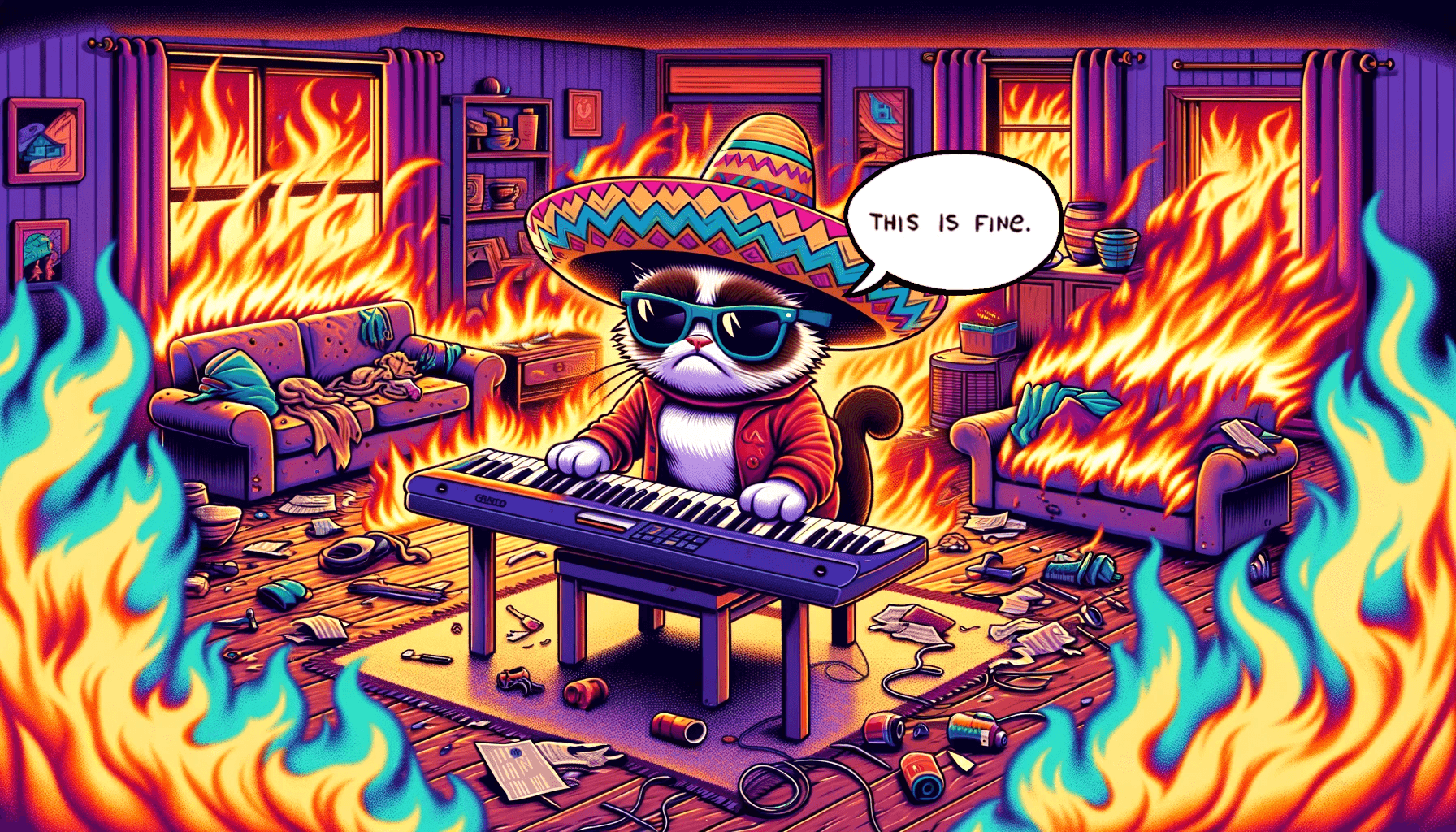 a grumpy cat wearing a sombrero, playing on a keyboard, in a burning room